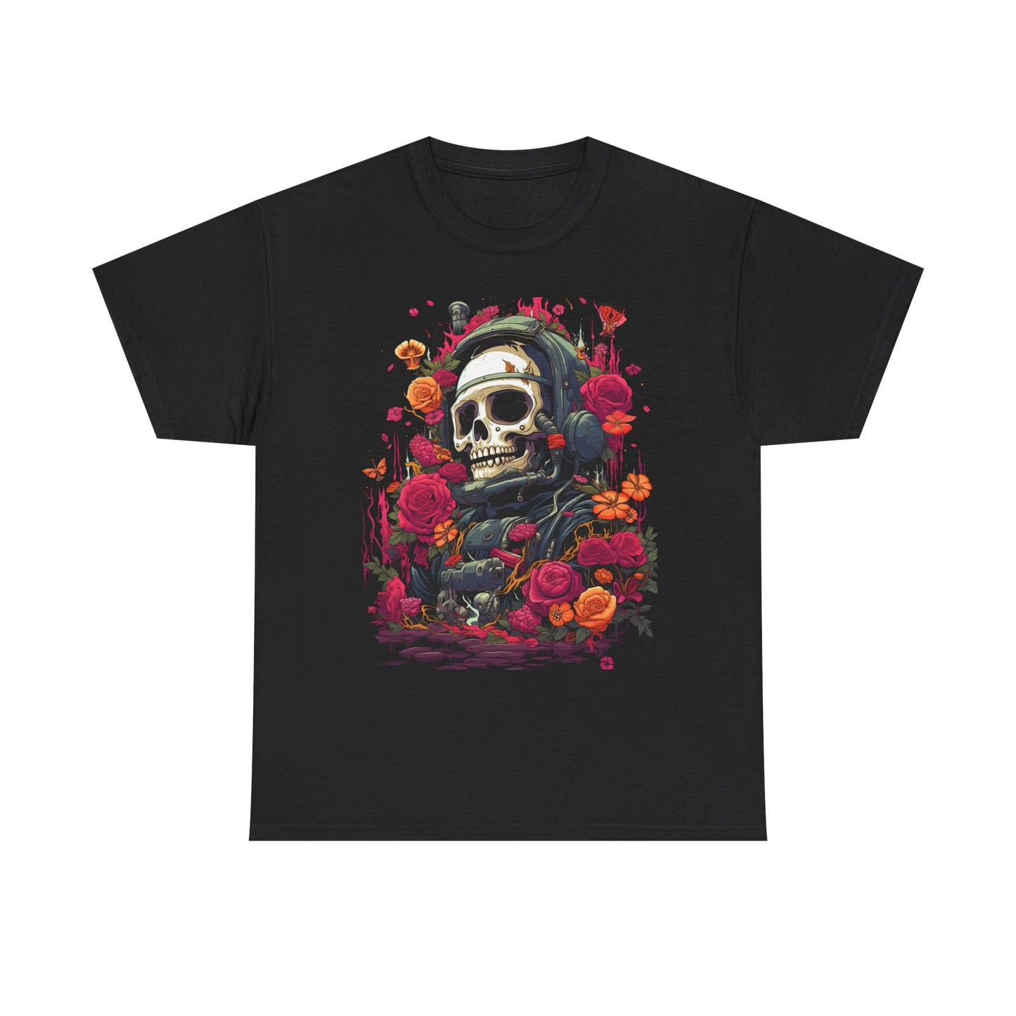 Floral Skull Graphic T-Shirt – Gothic Streetwear Skull with Roses, Dark Aesthetic Skeleton Tee, Edgy Unisex Graphic Shirt