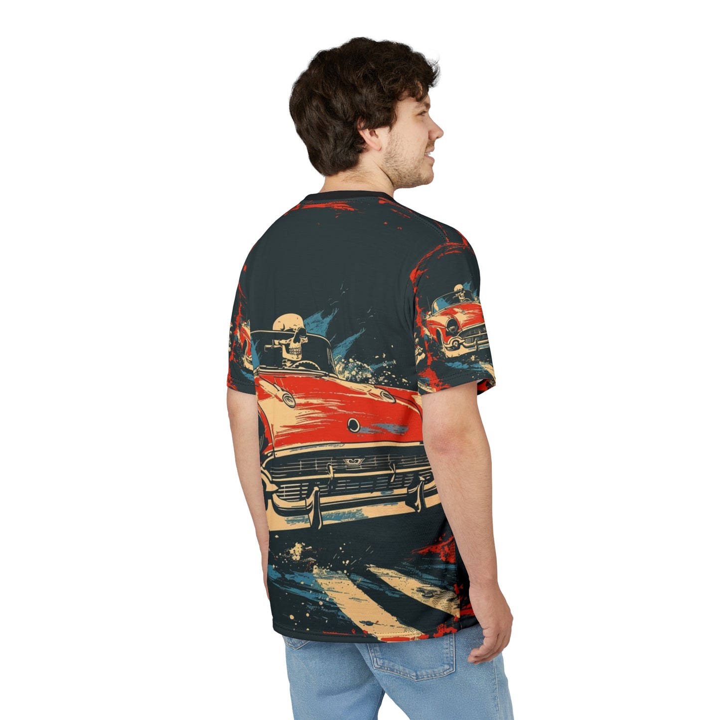 Vintage Red Convertible Tee — Retro Skull Driver All-Over Print