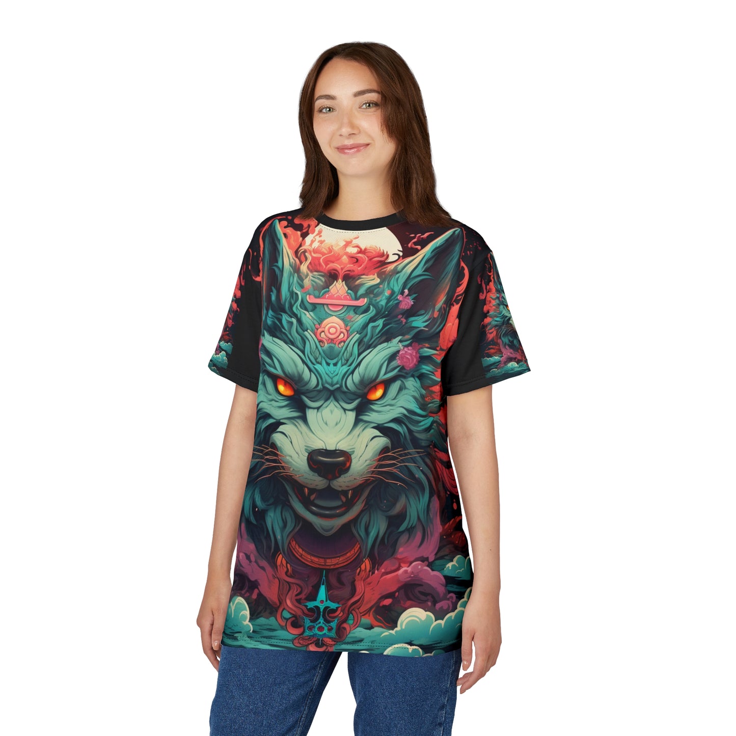 Mystic Wolf All-Over Print Tee — Neon Fox Spirit Graphic Shirt