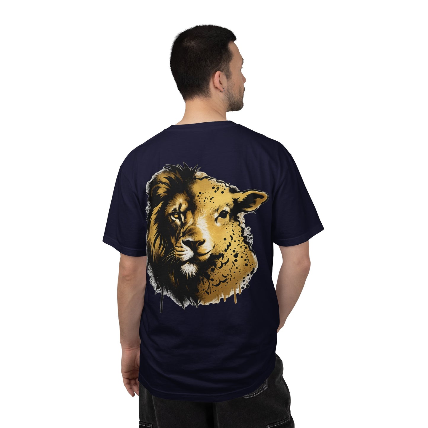 Lion and Lamb Christian T-Shirt | Faith-Based Graffiti Streetwear Tee | Gold Urban Christian Graphic Shirt | Religious Lion Lamb Apparel