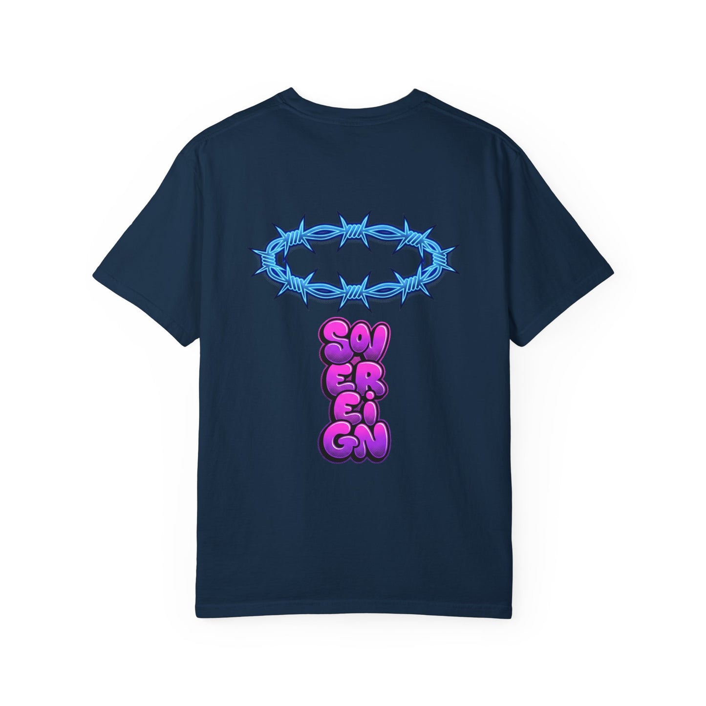 Graphic T-Shirt — Blue Barbed Halo with 'Sovereign' Bubble Letter Back Print