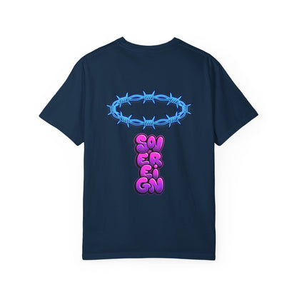 Graphic T-Shirt — Blue Barbed Halo with 'Sovereign' Bubble Letter Back Print