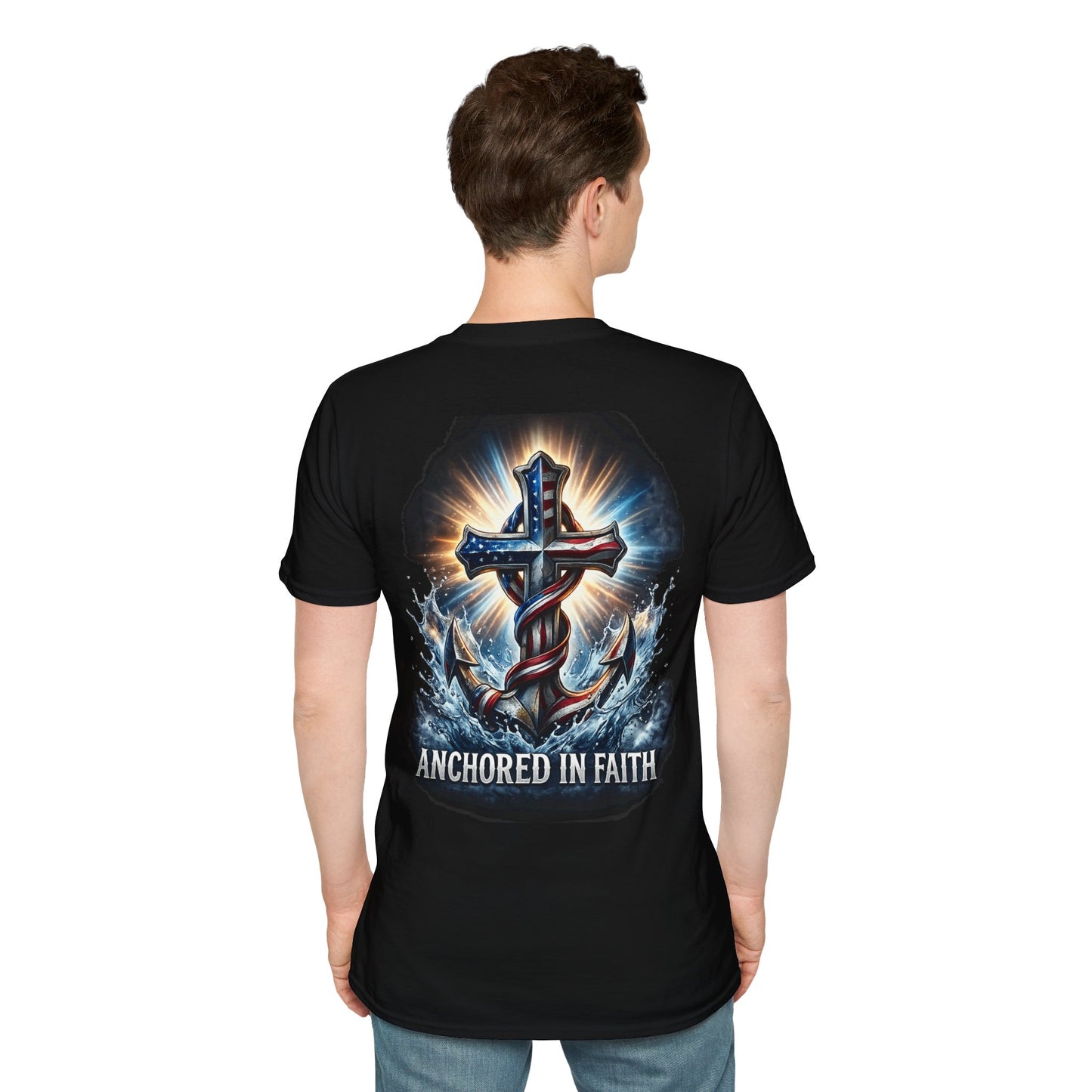 Anchored in Faith Christian T-Shirt | Patriotic Cross & Anchor Graphic Tee | American Flag Faith Shirt
