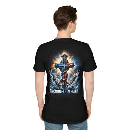Anchored in Faith Christian T-Shirt | Patriotic Cross & Anchor Graphic Tee | American Flag Faith Shirt