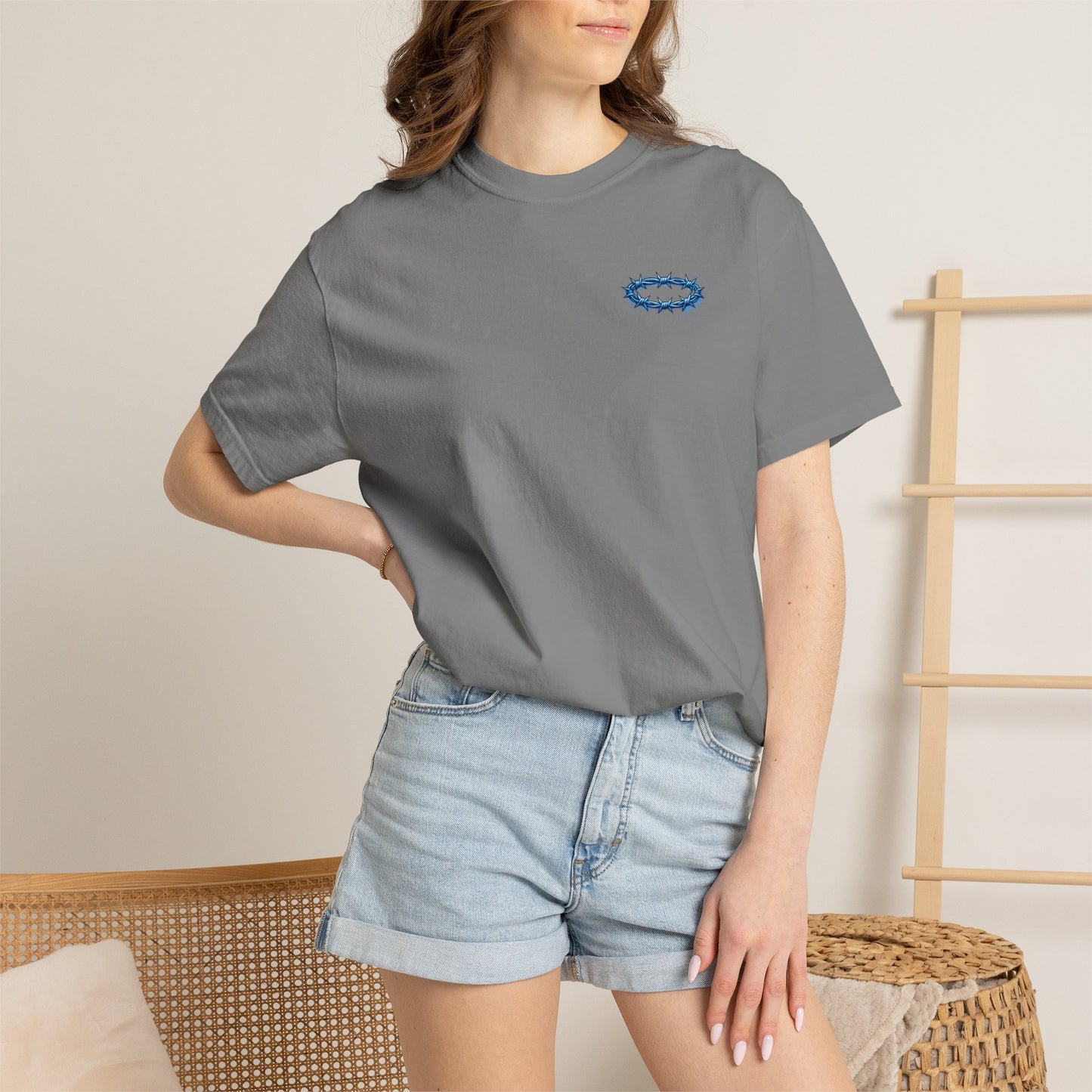 Graphic T-Shirt — Blue Barbed Halo with 'Sovereign' Bubble Letter Back Print
