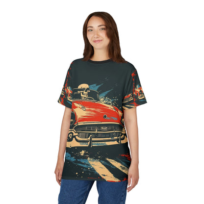 Vintage Red Convertible Tee — Retro Skull Driver All-Over Print