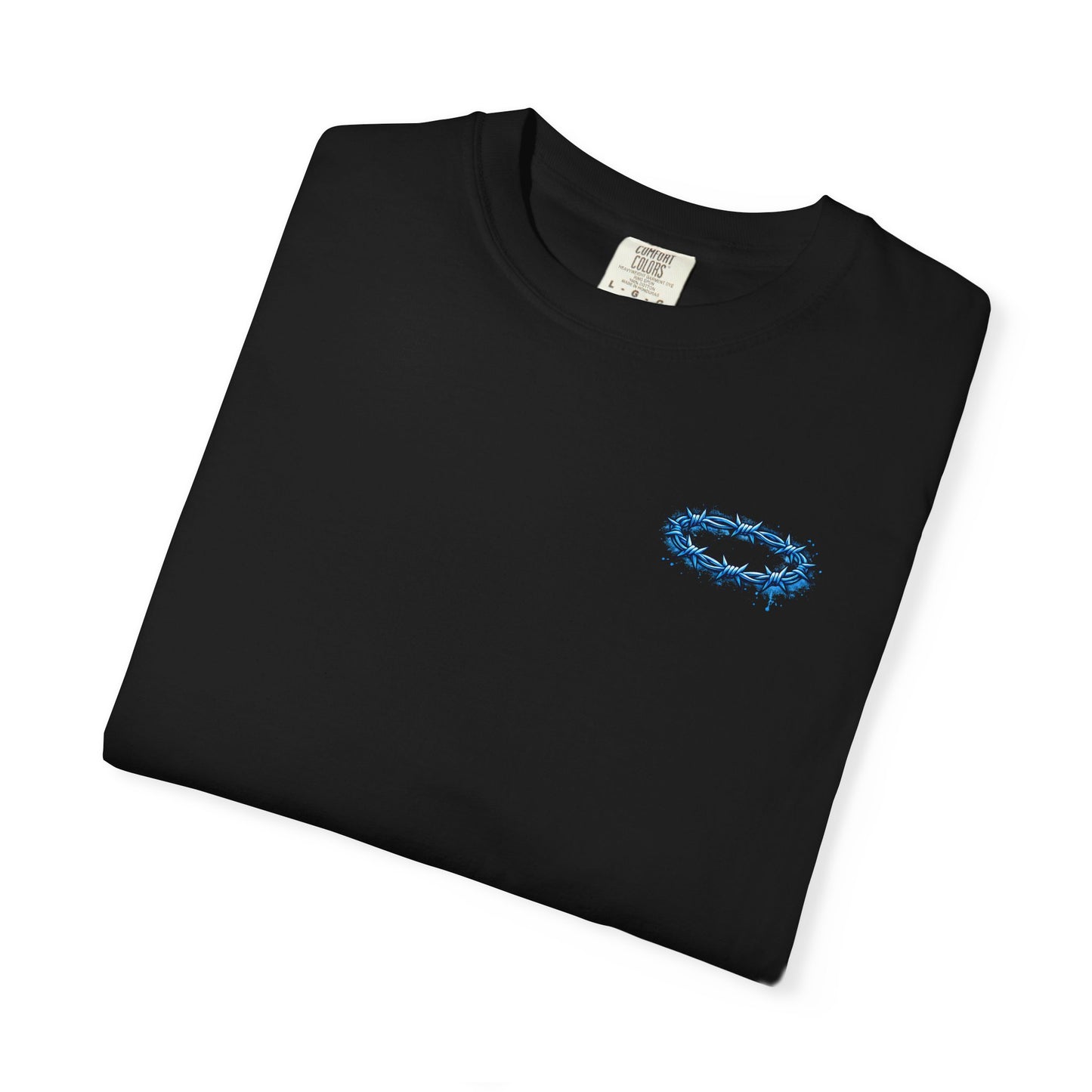 Graphic T-Shirt — Blue Barbed Halo with 'Sovereign' Bubble Letter Back Print