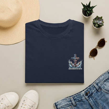 Anchored in Faith Christian T-Shirt | Patriotic Cross & Anchor Graphic Tee | American Flag Faith Shirt