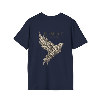 Her Spirit Has No Cage T-Shirt | Floral Bird Graphic Tee, Women's Freedom Shirt, Vintage Boho Nature Design