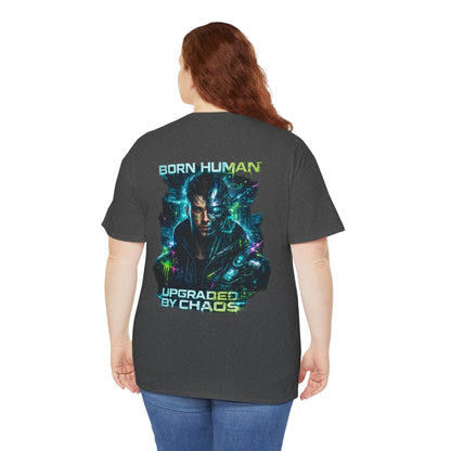 Synth Rebellion Cyberpunk T-Shirt | Born Human Upgraded by Chaos Futuristic Graphic Tee