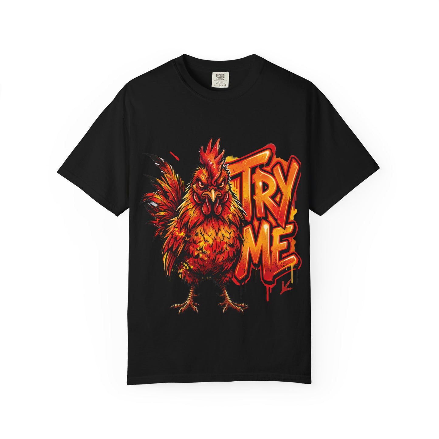 Try Me Rooster T-Shirt — Fiery Graphic Tee for Bold Attitude