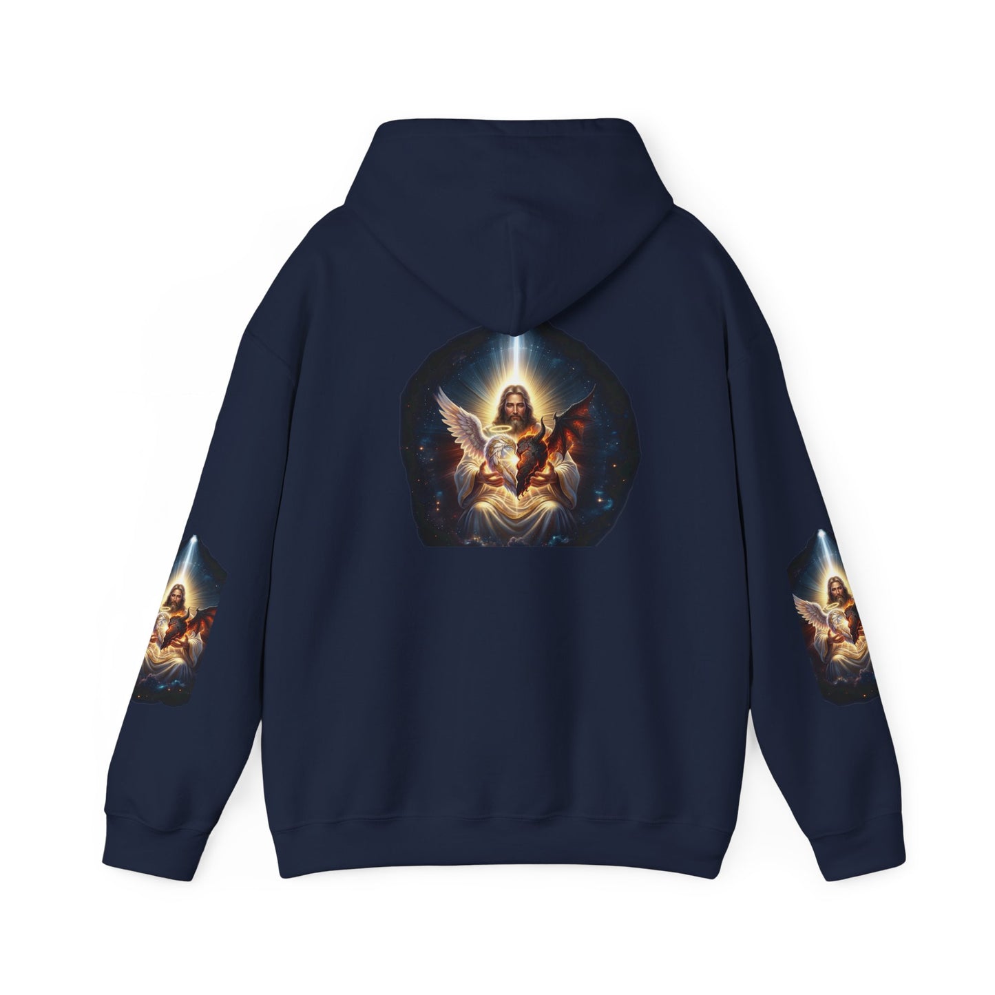 Christian Hoodie – "A Heart Divided Within Divine Grace" Religious Pullover with Angel Artwork