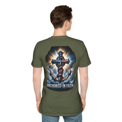 Anchored in Faith Christian T-Shirt | Patriotic Cross & Anchor Graphic Tee | American Flag Faith Shirt