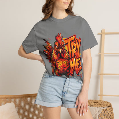 Try Me Rooster T-Shirt — Fiery Graphic Tee for Bold Attitude