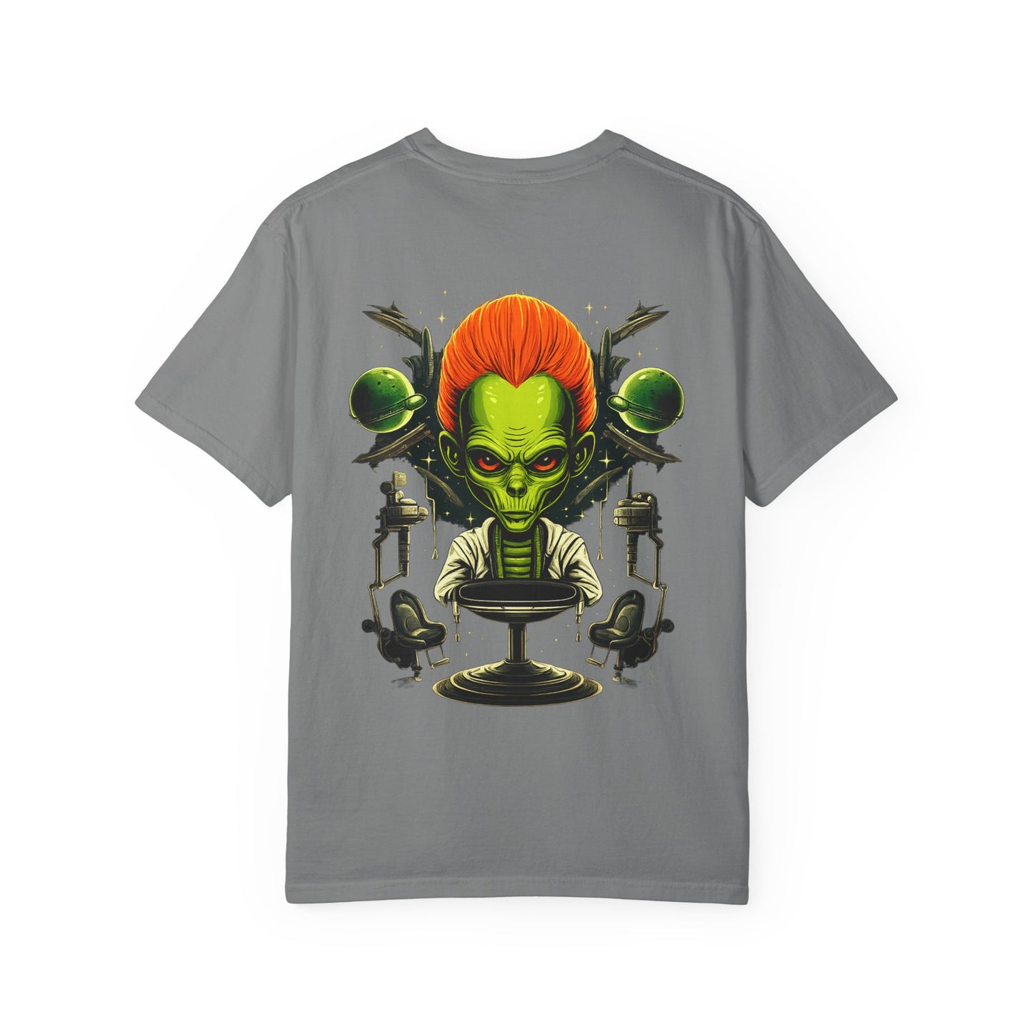 Alien Barber Shop T-shirt | Retro Sci-Fi Skull Barber Design