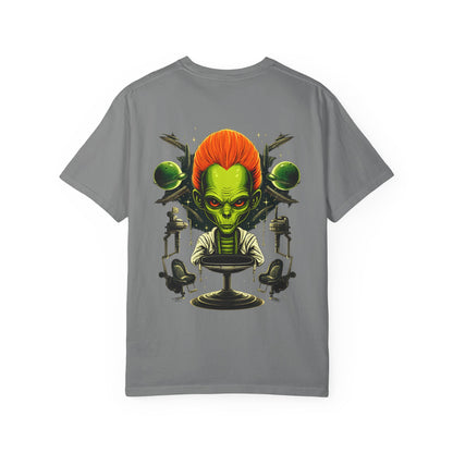 Alien Barber Shop T-shirt | Retro Sci-Fi Skull Barber Design