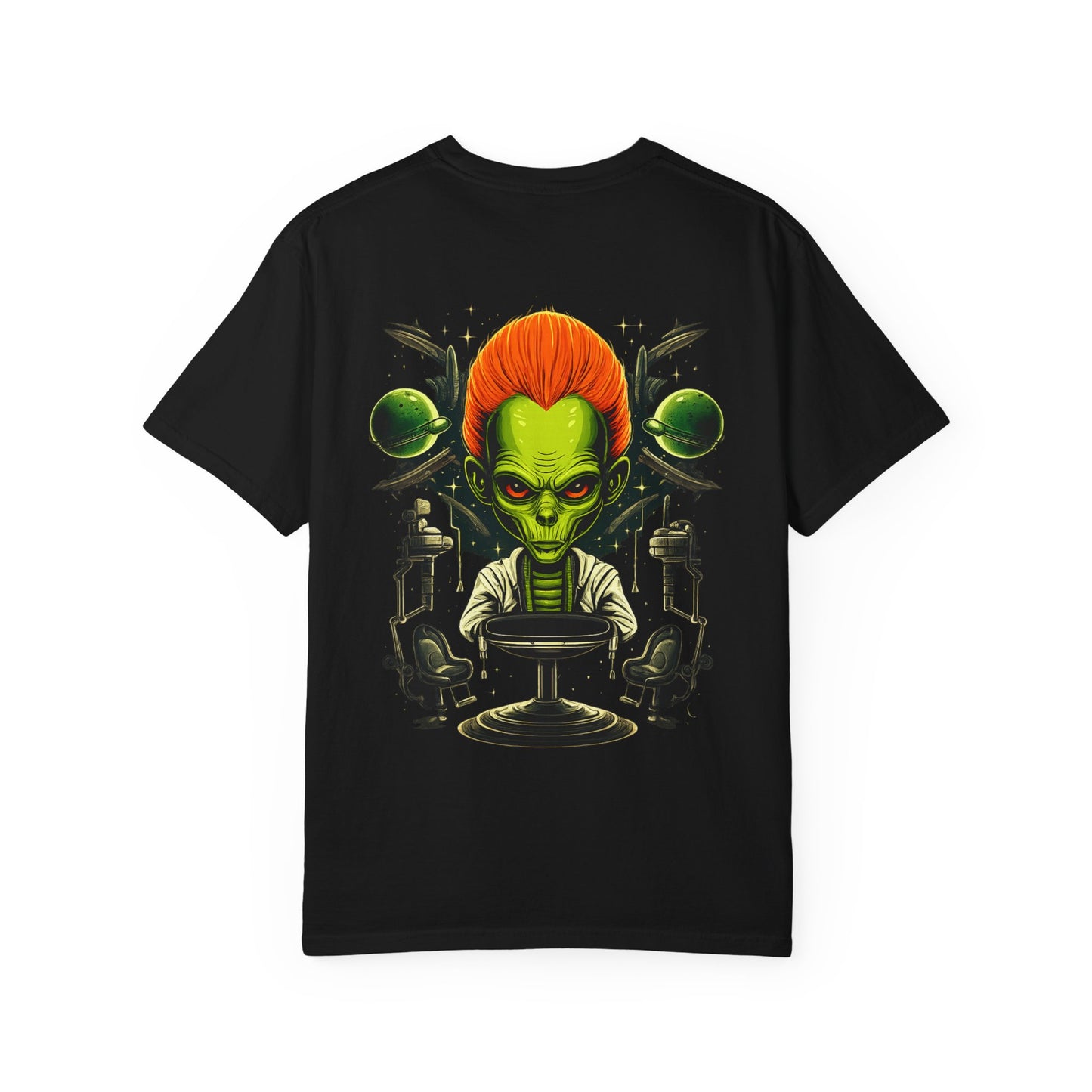 Alien Barber Shop T-shirt | Retro Sci-Fi Skull Barber Design