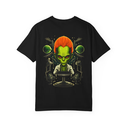 Alien Barber Shop T-shirt | Retro Sci-Fi Skull Barber Design