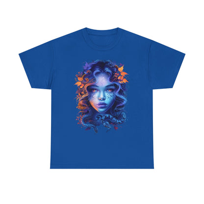 Medusa Moonlight Graphic Tee — Neon Mythical Woman Art T-Shirt