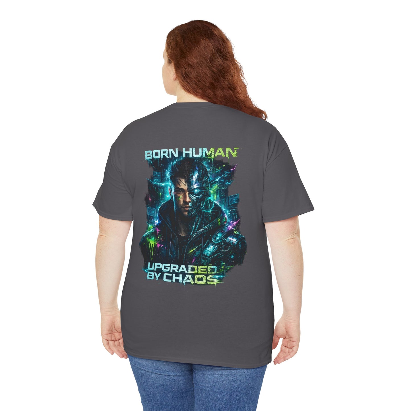 Synth Rebellion Cyberpunk T-Shirt | Born Human Upgraded by Chaos Futuristic Graphic Tee