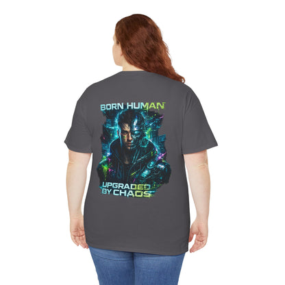Synth Rebellion Cyberpunk T-Shirt | Born Human Upgraded by Chaos Futuristic Graphic Tee
