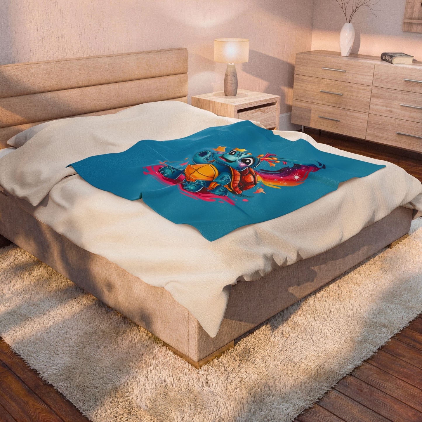 Cute Rainbow Turtle Velveteen Plush Blanket — Soft Kids Throw with Crowned Turtle Design