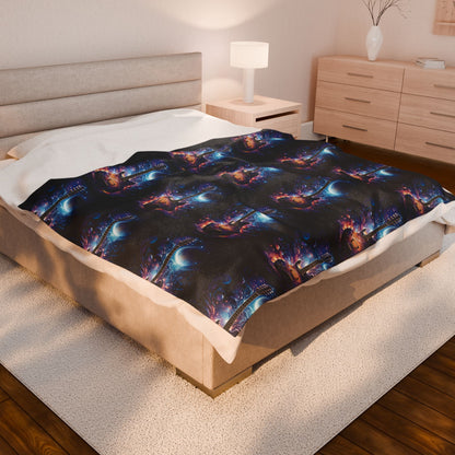 Cosmic Guitar Velveteen Plush Blanket | Soft Throw for Music Lovers, Warm Home Decor, Gift for Musicians, Starry Night Blanket