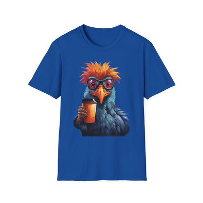 Coffee Bird T-Shirt — Quirky Colorful Bird Holding Coffee Graphic Tee
