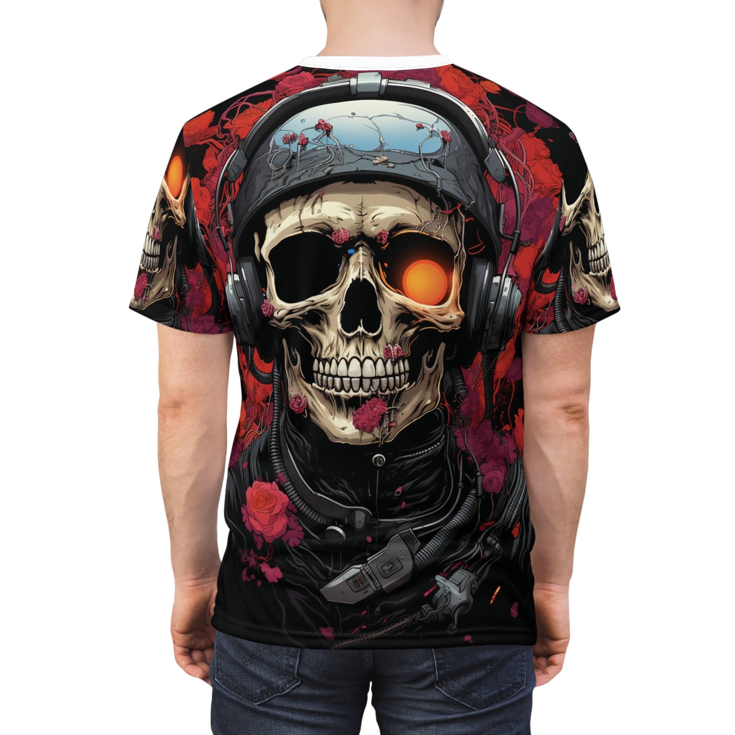 Skull Pilot Graphic Tee — Neon Eye Aviator Skull All-Over Print