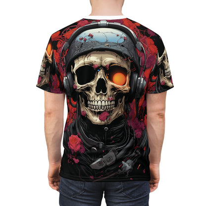 Skull Pilot Graphic Tee — Neon Eye Aviator Skull All-Over Print