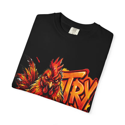 Try Me Rooster T-Shirt — Fiery Graphic Tee for Bold Attitude