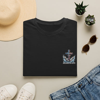 Anchored in Faith Christian T-Shirt | Patriotic Cross & Anchor Graphic Tee | American Flag Faith Shirt
