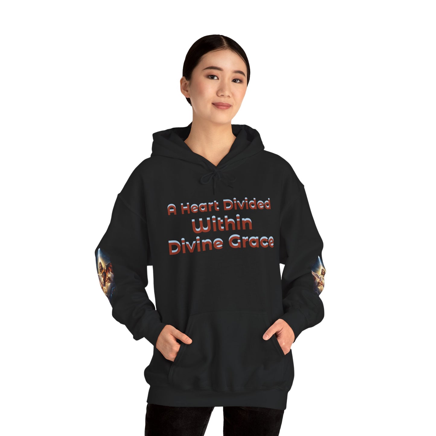 Christian Hoodie – "A Heart Divided Within Divine Grace" Religious Pullover with Angel Artwork