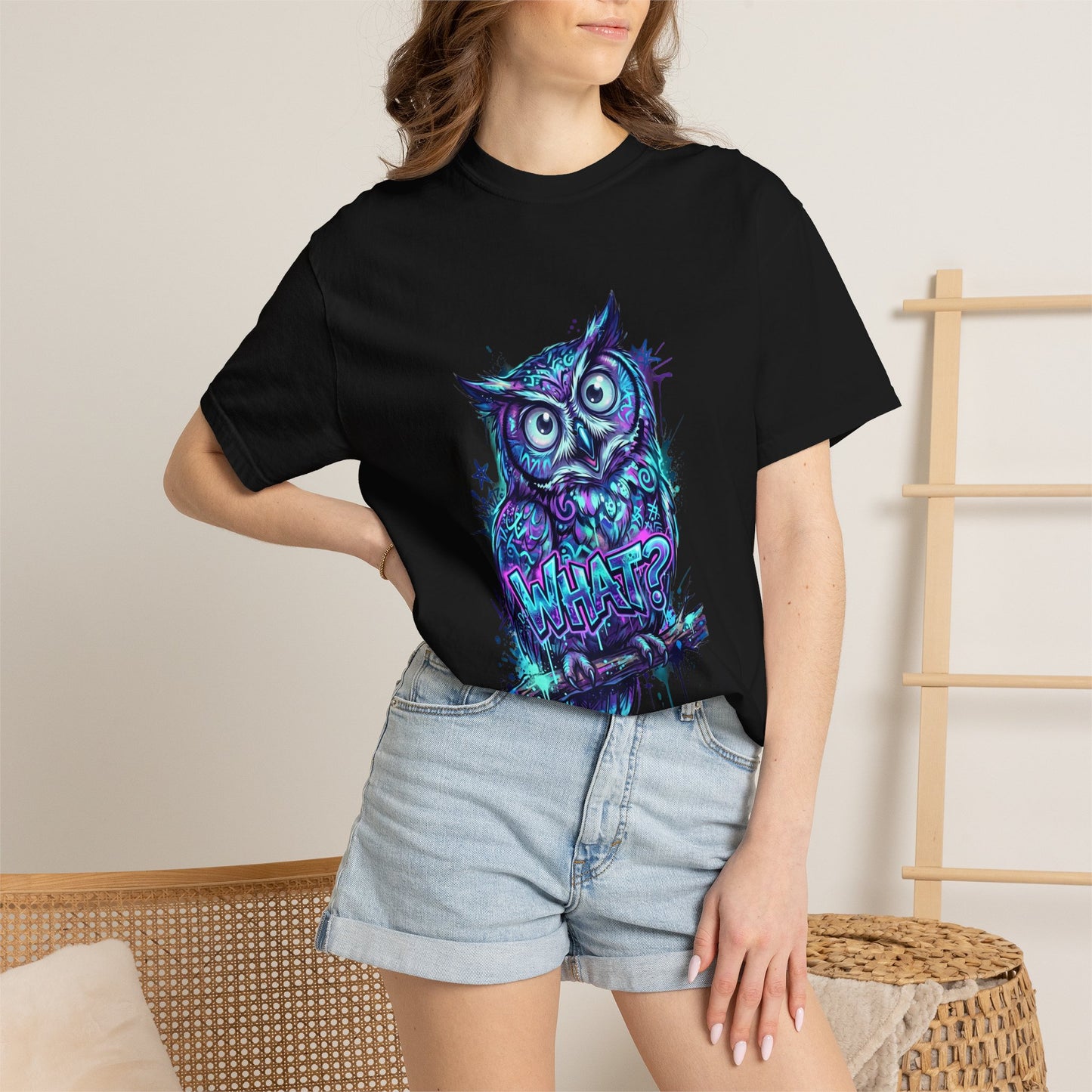 Owl 'What?' Graphic T-Shirt — Neon Grunge Owl Tee for Nightlife & Streetwear