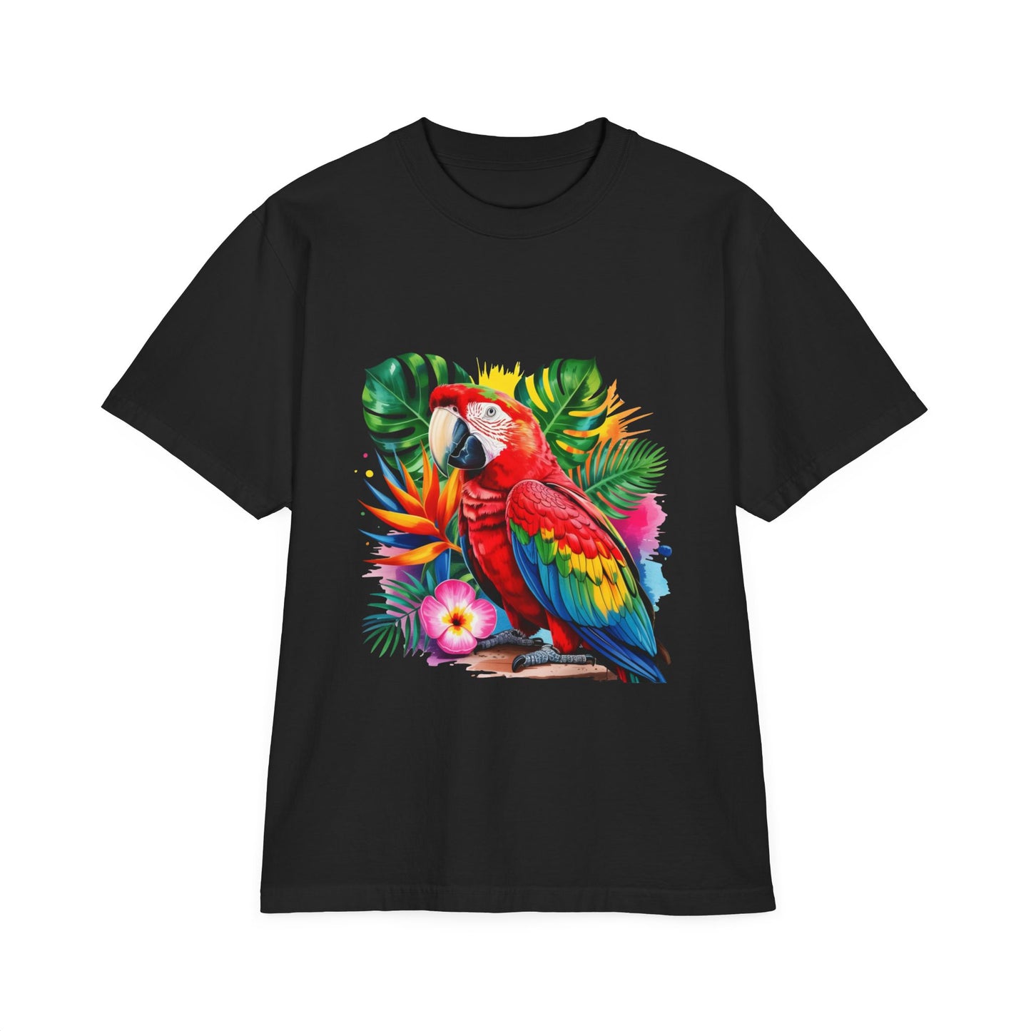 T-Shirt — Tropical Parrot Graphic Tee (Colorful Macaw & Hibiscus)