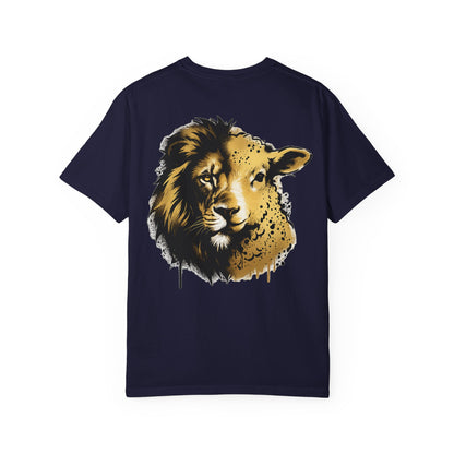 Lion and Lamb Christian T-Shirt | Faith-Based Graffiti Streetwear Tee | Gold Urban Christian Graphic Shirt | Religious Lion Lamb Apparel