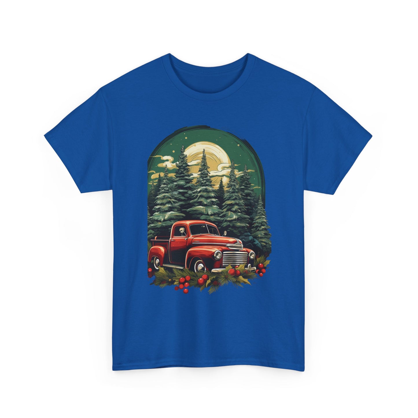 Vintage Red Truck Christmas Tee — Retro Holiday Truck with Evergreen Forest & Berries