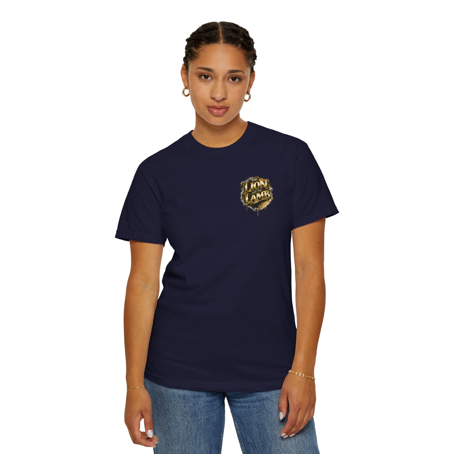 Lion and Lamb Christian T-Shirt | Faith-Based Graffiti Streetwear Tee | Gold Urban Christian Graphic Shirt | Religious Lion Lamb Apparel