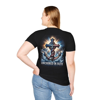 Anchored in Faith Christian T-Shirt | Patriotic Cross & Anchor Graphic Tee | American Flag Faith Shirt