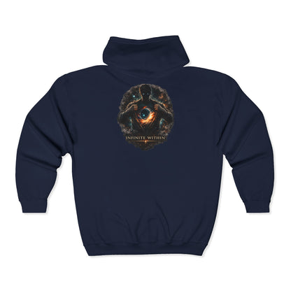 Infinite Within Black Zip Hoodie — Cosmic Eye Graphic Zip-Up
