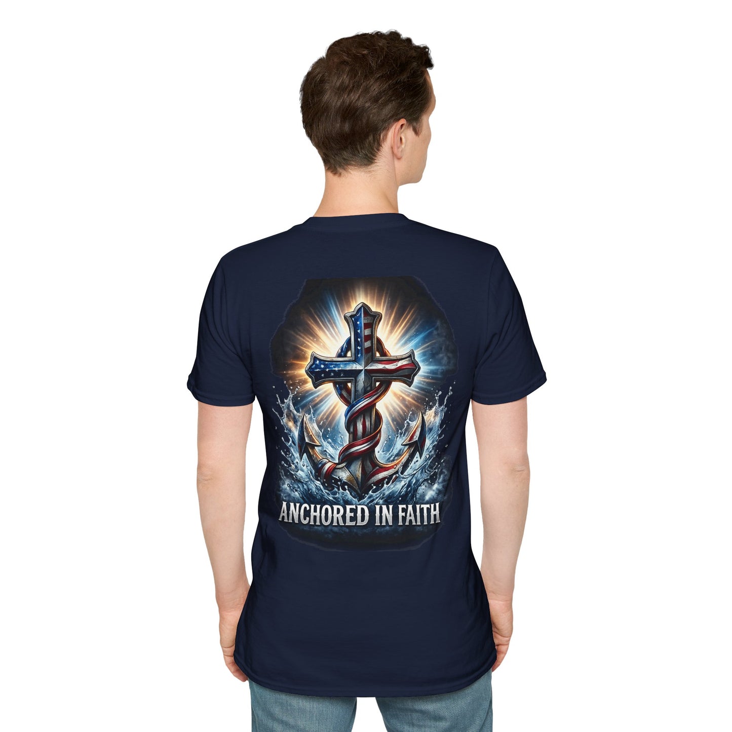 Anchored in Faith Christian T-Shirt | Patriotic Cross & Anchor Graphic Tee | American Flag Faith Shirt
