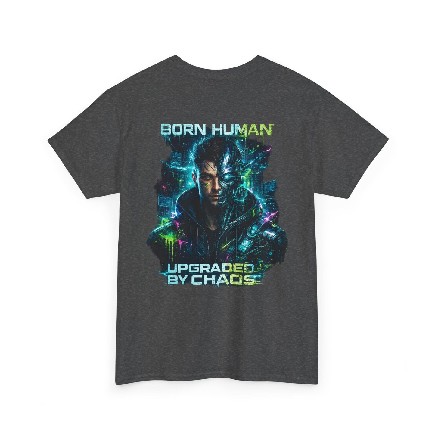 Synth Rebellion Cyberpunk T-Shirt | Born Human Upgraded by Chaos Futuristic Graphic Tee