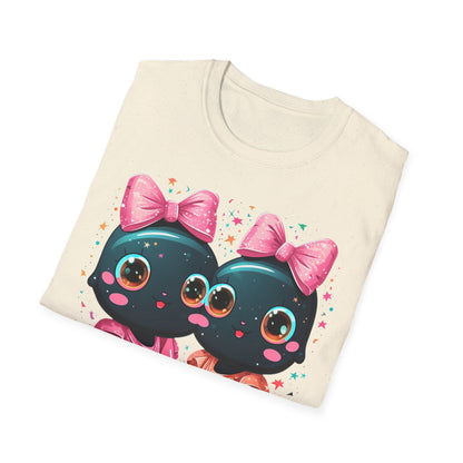 Cute Gothic Twin Dolls T-Shirt — Matching Pink Bow Kawaii Design
