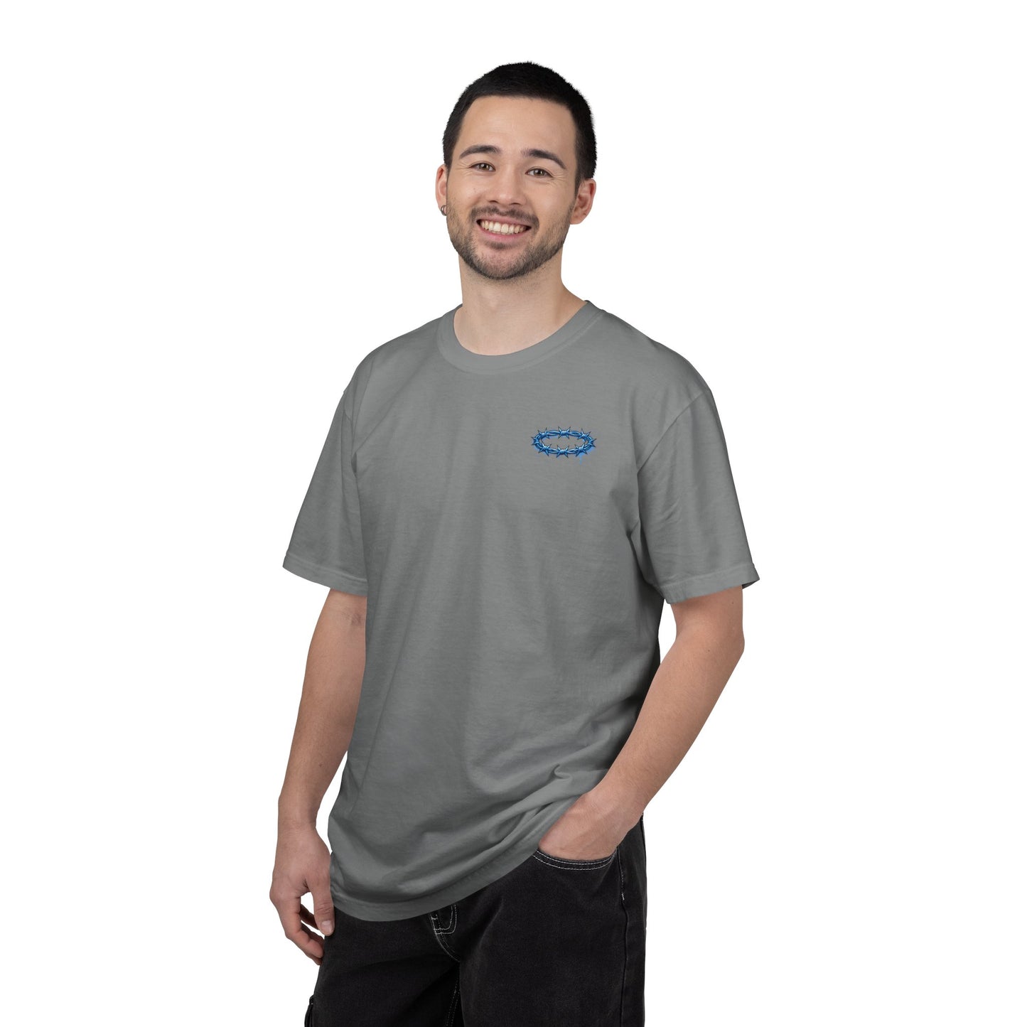 Graphic T-Shirt — Blue Barbed Halo with 'Sovereign' Bubble Letter Back Print