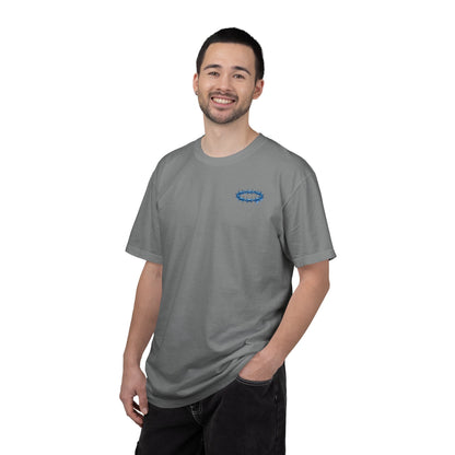Graphic T-Shirt — Blue Barbed Halo with 'Sovereign' Bubble Letter Back Print