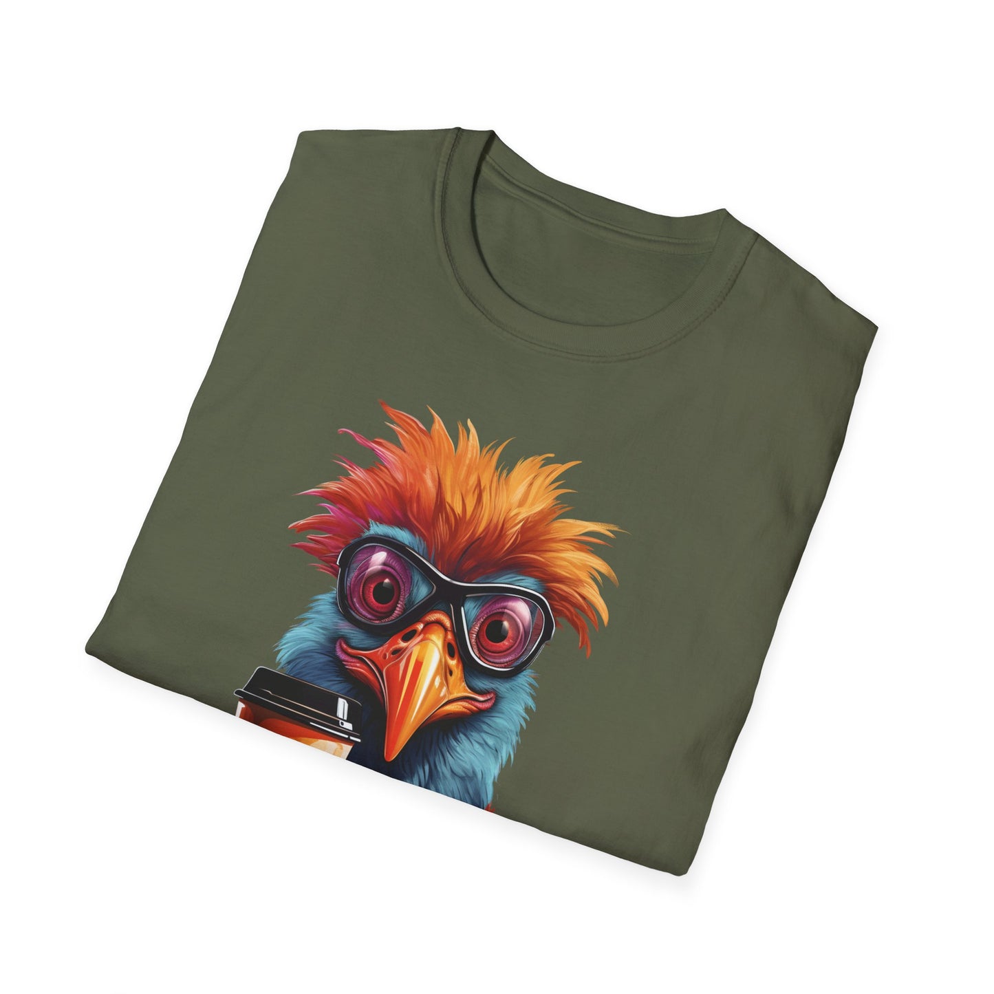Coffee Bird T-Shirt — Quirky Colorful Bird Holding Coffee Graphic Tee