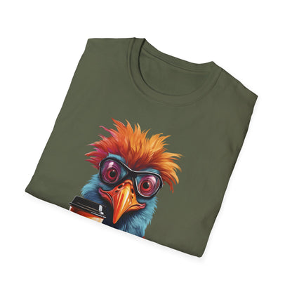 Coffee Bird T-Shirt — Quirky Colorful Bird Holding Coffee Graphic Tee