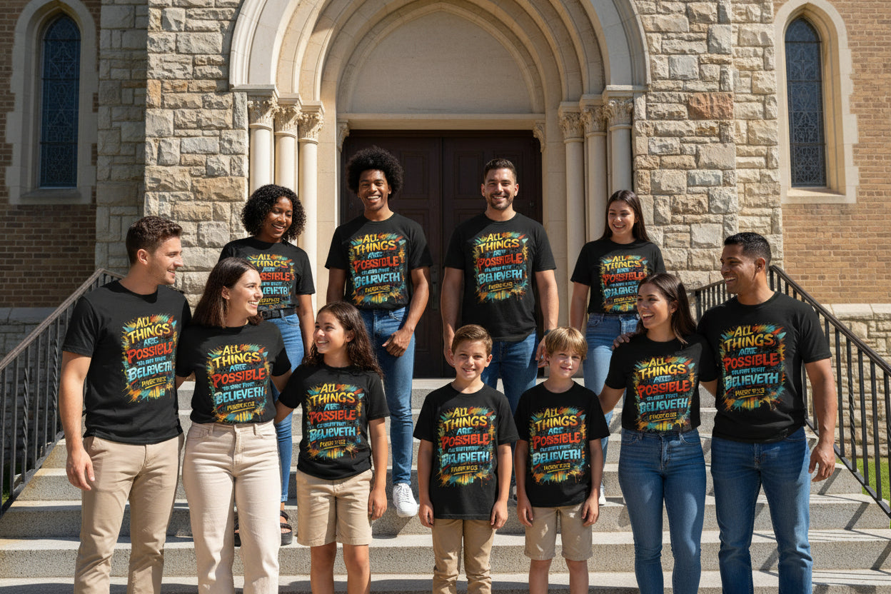 All Things Are Possible T-Shirt — Mark 9:23 Inspirational Christian Tee