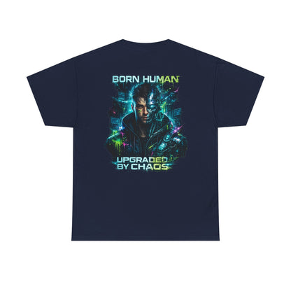 Synth Rebellion Cyberpunk T-Shirt | Born Human Upgraded by Chaos Futuristic Graphic Tee