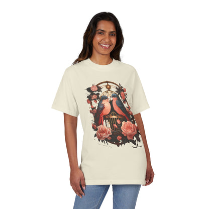 Vintage Birdcage Floral T-Shirt – Romantic Birds Graphic Tee, Cottagecore Aesthetic Shirt, Soft Nature Lover Gift